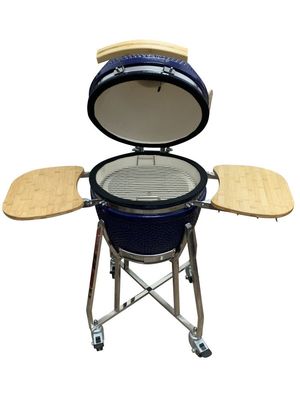 Parrilla Kamado Cerámica 18 Pulgadas Color Azul 48cm Con Carro Y Mesas Auxiliares