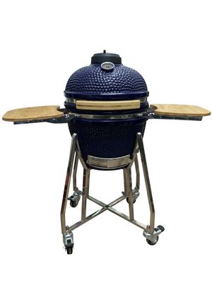 Parrilla Kamado Cerámica 18 Pulgadas Color Azul 48cm Con Carro Y Mesas Auxiliares