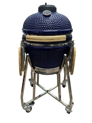 Parrilla Kamado Cerámica 18 Pulgadas Color Azul 48cm Con Carro Y Mesas Auxiliares