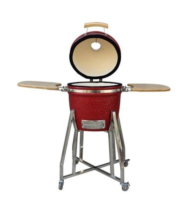 Kamado Ahumador De Cerámica Carbón 15 Pulgadas Color Rojo 39cm Con Carro Y Mesas Auxiliares