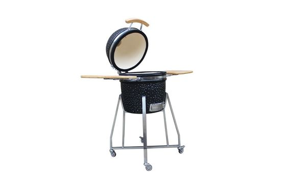 Parrilla de cerámica estilo Kamado de color negro brillante 15 para exteriores, 39cm con carro y mesas auxiliares